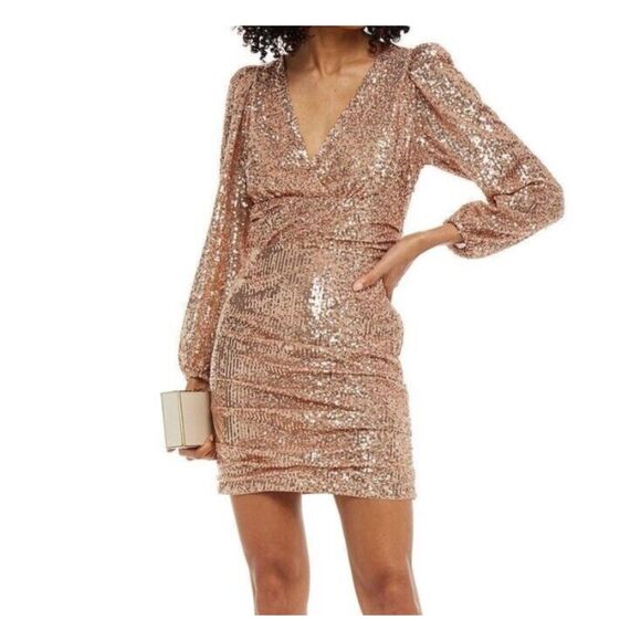 NWT Maje Womens Rose Gold Disco Short Sequined Deep V Evening Dress Size 34 - Picture 1 of 7